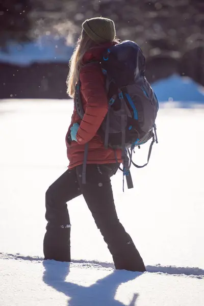 阳光明媚的日子 女人漫步在白雪皑皑的风景上 — 图库照片