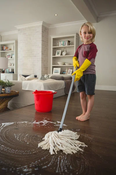 Boy Washing Floor Mop Home — Stock Photo, Image