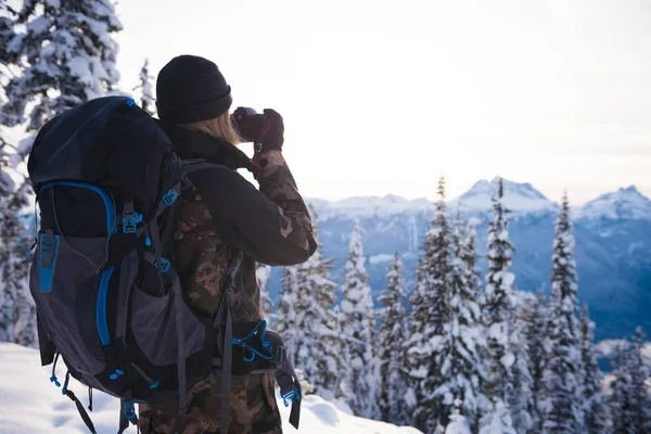 Rear View Woman Taking Picture Pine Tree Camera Winter — Stock Photo, Image