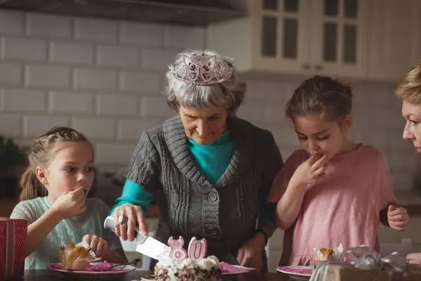 Grandmother Celebrating Her Birthday Her Family Home — Stock Photo, Image