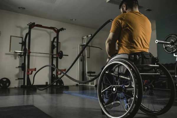 Handicapped Man Wheelchair Exercising Battle Ropes Gym — Stock Photo, Image