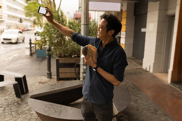 Businessman Taking Selfie Mobile Phone Pavement Cafe — Stock Photo, Image
