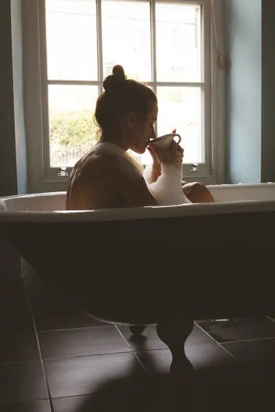 Woman Having Black Coffee While Taking Bubble Bath Bathroom — Stock Photo, Image