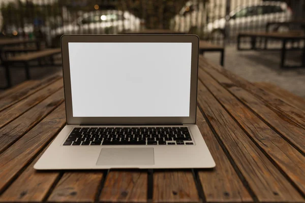 Laptop Wooden Table Pavement Cafe — Stock Photo, Image