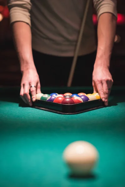 Man Arranging Snooker Balls Triangle Rack Night Club — Stock Photo, Image