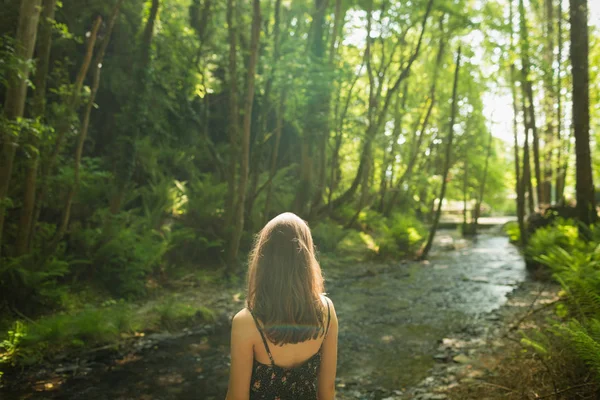 绿色森林中站在河岸附近的妇女后景色 — 图库照片