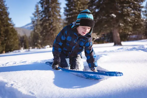 Netter Junge Spielt Winter Mit Schlitten Schnee — Stockfoto