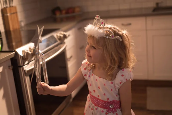 Girl Crown Magic Stick Home — Stock Photo, Image