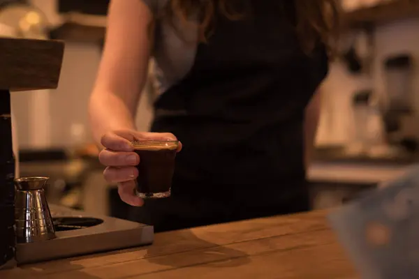 Mid Section Female Barista Serving Coffee Counter Cafe — Stock Photo, Image