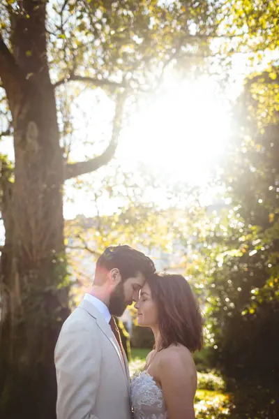Romantikus Menyasszony Vőlegény Ölelni Kertben Egy Napsütéses Napon — Stock Fotó