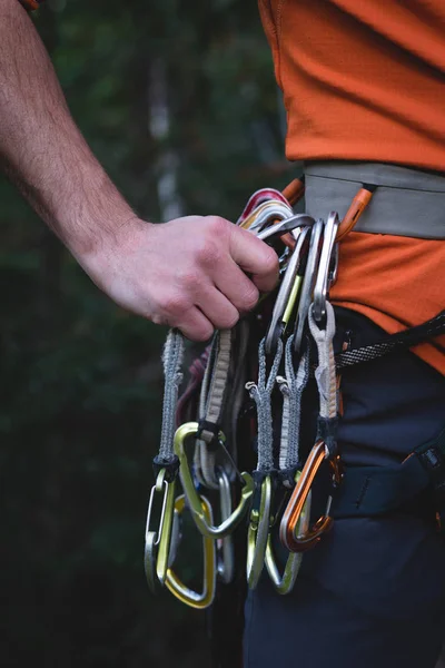 Mid Section Climber Adjusting Carabiner Harness Forest — Stock Photo, Image