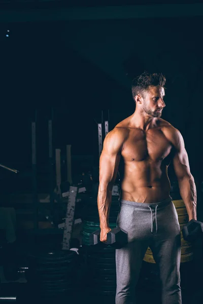 Muscular Man Exercising Dumbbells Fitness Studio — Stock Photo, Image