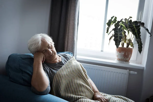 Senior Woman Relaxing Armchair Living Room Home — Stock Photo, Image