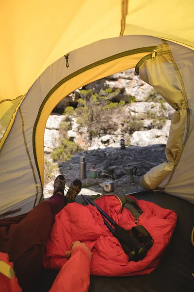 Hiker Lying Tent Camping Equipment Sunny Day — Stock Photo, Image