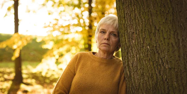 Mujer Mayor Pensativa Apoyada Tronco Del Árbol Parque Día Soleado — Foto de Stock