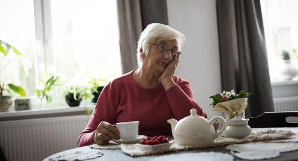 Thoughtful Senior Woman Thinking Living Room Home — Stock Photo, Image