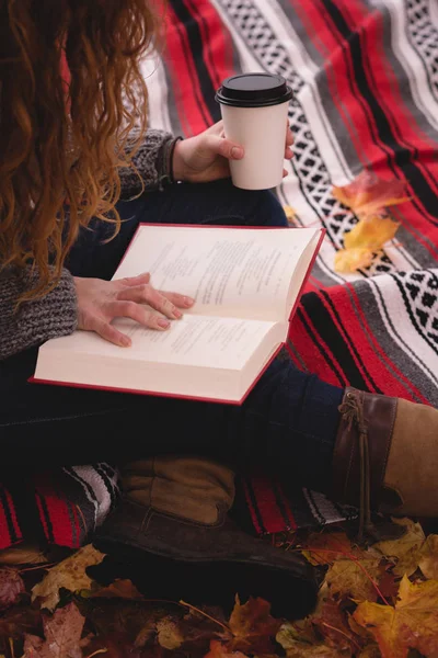 Крупный План Женщины Сидящей Одеяле Читающей Книгу Осеннем Парке — стоковое фото
