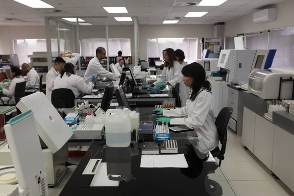 Equipa Técnicos Laboratório Que Trabalham Conjunto Banco Sangue — Fotografia de Stock