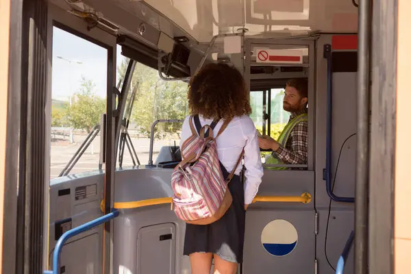 Rear View Female Commuter Taking Ticket Driver Modern Bus — Stock Photo, Image