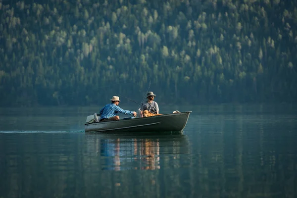 Two Fishermen Fishing River Sunny Day — Stock Photo, Image