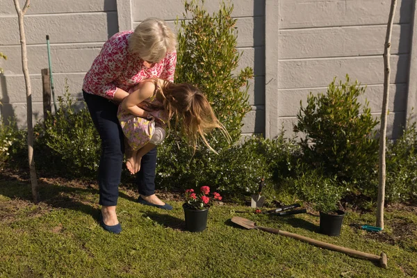 Grandmother Granddaughter Playing Garden Sunny Day — Stock Photo, Image