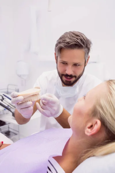 Dentist Showing Denture Model Female Patient Clinic — Stock Photo, Image