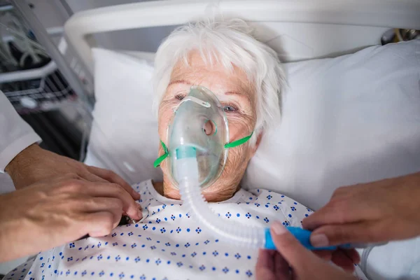 Doctors Examining Senior Patient Stethoscope Hospital Bed — Stock Photo, Image