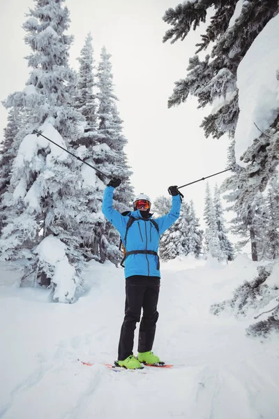 スキーヤーは 雪で覆われた風景のスキーと立っています — ストック写真