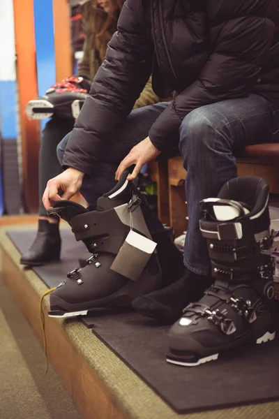 Close Man Wearing Ski Boots Shop — Stock Photo, Image