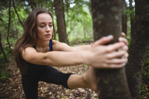 Donna Che Esegue Yoga Nella Foresta Una Giornata Sole — Foto Stock