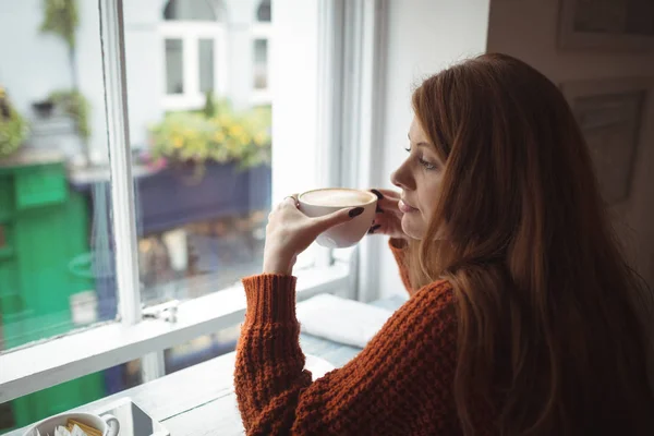 Young Woman Having Coffee Window Restaurant — Stock Photo, Image