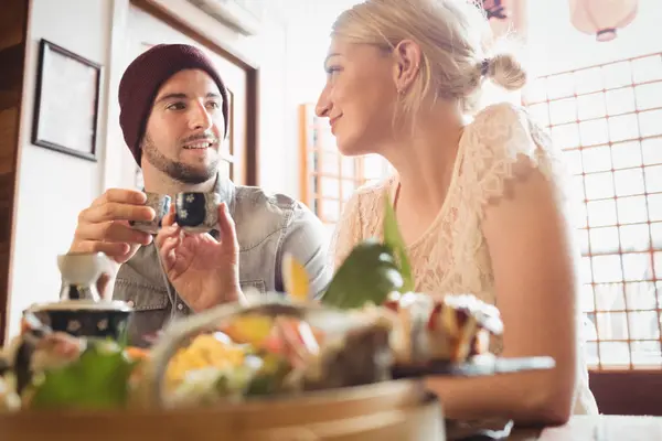 Couple Interacting Each Other While Having Tea Restaurant — Stock Photo, Image