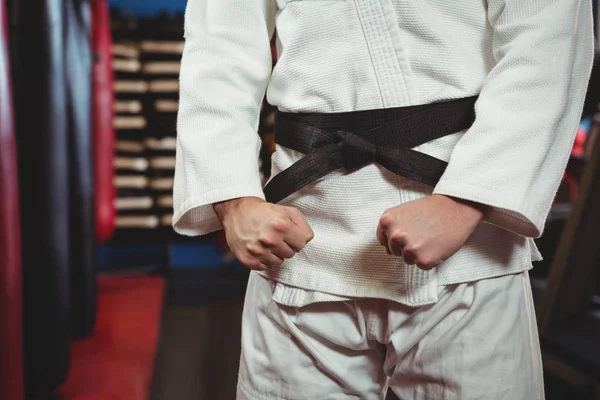 Mid Section Karate Player Performing Karate Stance Fitness Studio — Stock Photo, Image