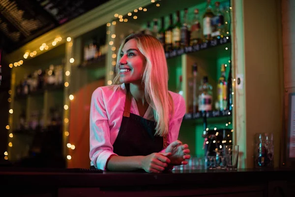 Hermosa Camarera Sonriente Inclinada Mostrador Del Bar —  Fotos de Stock