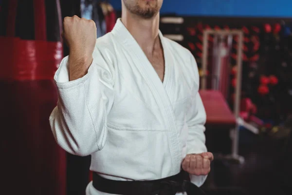 Sección Media Del Jugador Karate Que Realiza Postura Karate Estudio —  Fotos de Stock