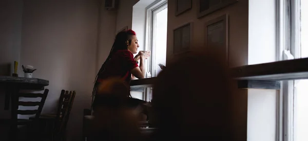 Thoughtful Woman Having Coffee Cafe — Stock Photo, Image