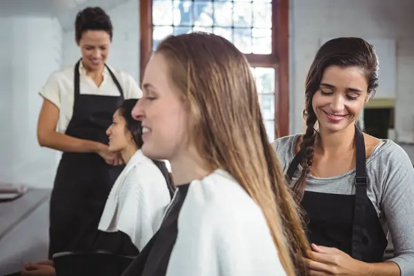 Smiling Hairdressers Working Clients Hair Salon — Stock Photo, Image