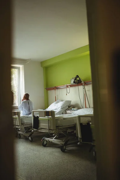 Senior Man Sitting Bed Hospital Ward — Stock Photo, Image