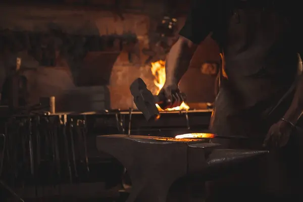 Mid Section Blacksmith Working Hot Metal Using Hammer Shape Work — Stock Photo, Image