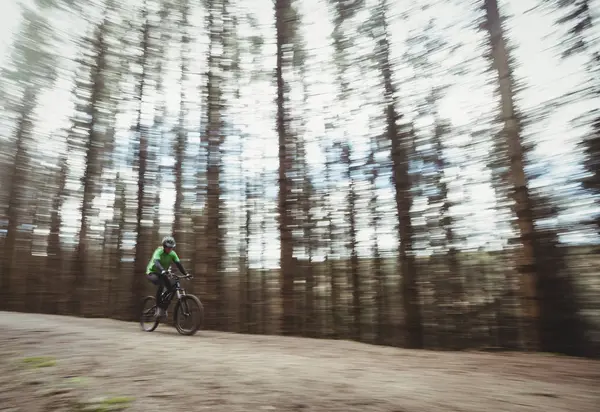 Горный Велосипедист Едет Грунтовой Дороге Против Деревьев Лесу — стоковое фото