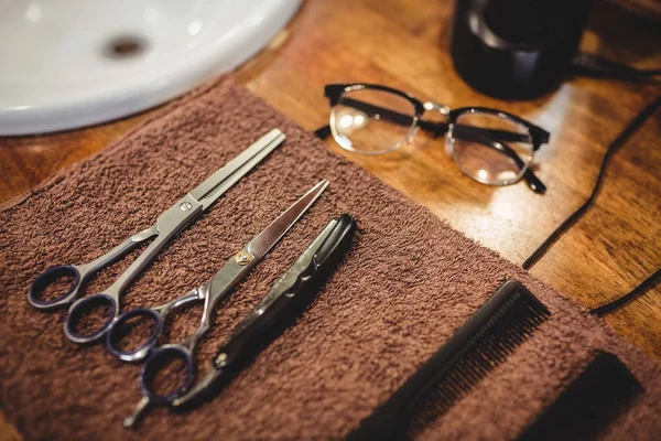 Barber Combs Scissors Wooden Table Barber Shop — Stock Photo, Image