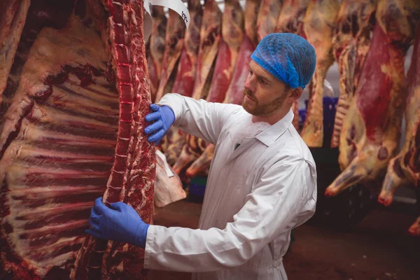 Butcher Hanging Red Meat Storage Room Butchers Shop — Stock Photo, Image