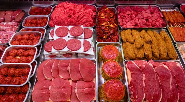 Variedad Carne Marinada Mostrador Carnicería — Foto de Stock