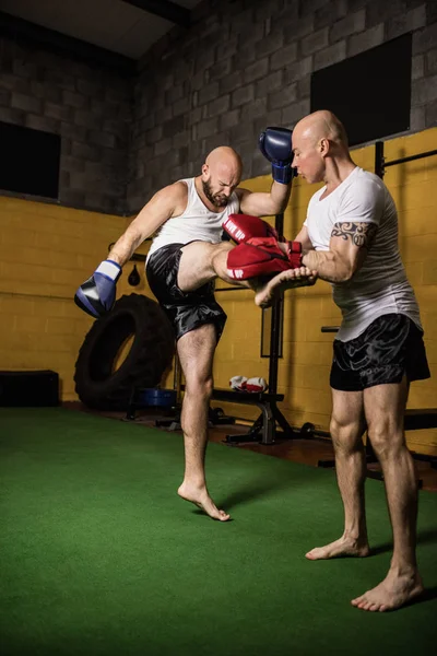 Dos Fuertes Boxeadores Tailandeses Practicando Boxeo Gimnasio —  Fotos de Stock