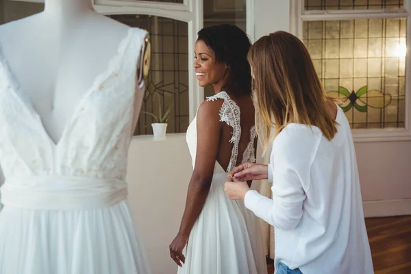 Woman Trying Wedding Dress Studio Assistance Fashion Designer — Stock Photo, Image