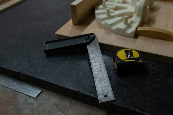 Close Try Square Measure Tape Foundry Workshop — Stock Photo, Image