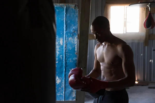 ボクシング クラブのボクシング グローブに立っている上半身裸の男性ボクサー — ストック写真