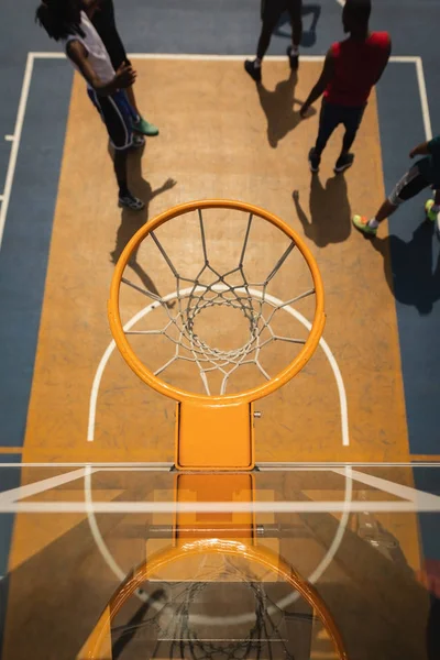 High Angle View Glass Basketball Board Hoop Basketball Court Players — Stock Photo, Image