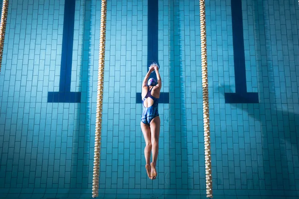 High Angle View African American Woman Wearing Swimsuit Blue Swimming — Stock Photo, Image