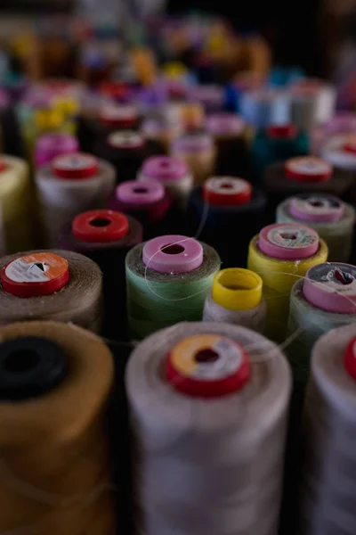 Bobbins Colored Threads Foreground Workshop Hat Factory — Stock Photo, Image